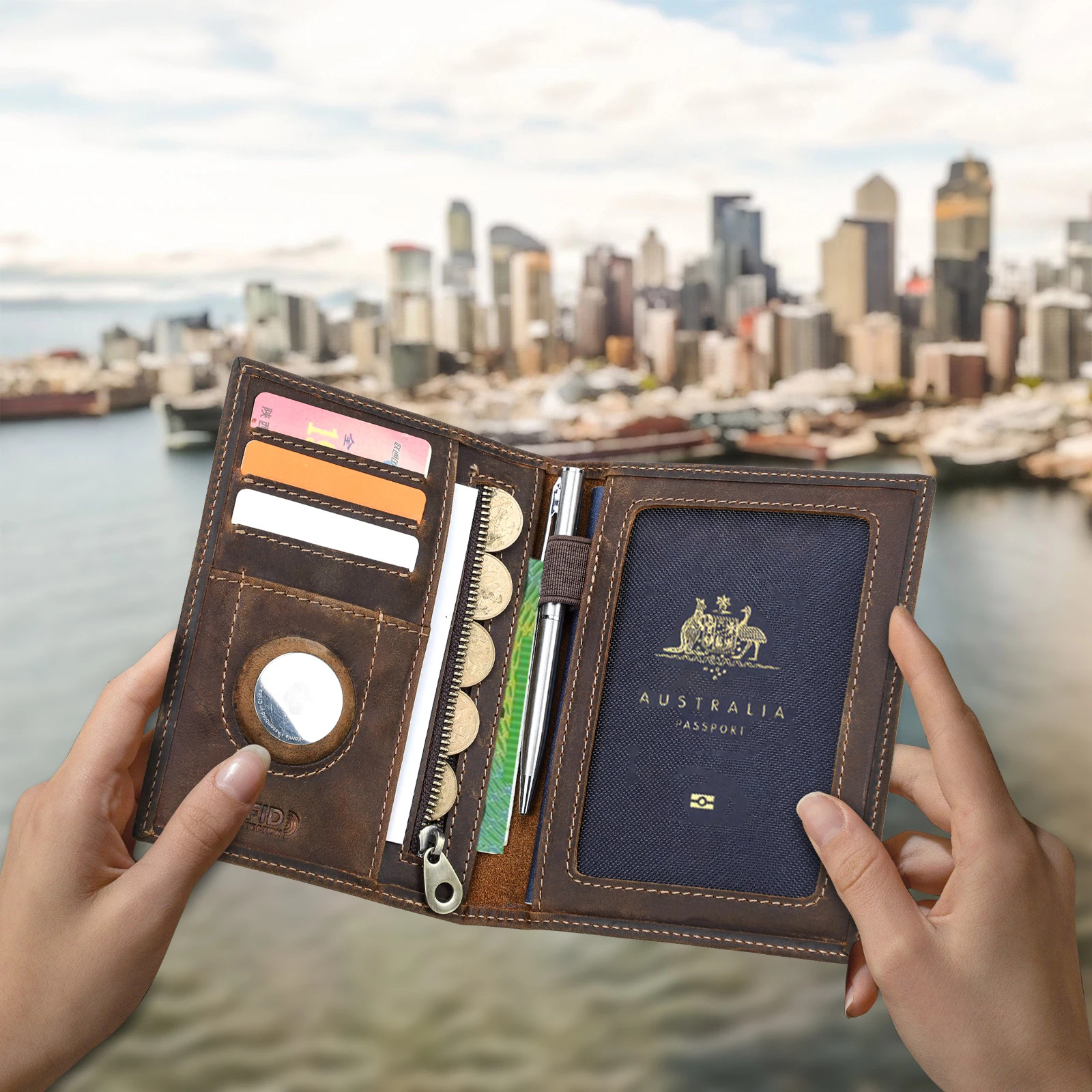 Genuine Leather AirTag Passport Wallet