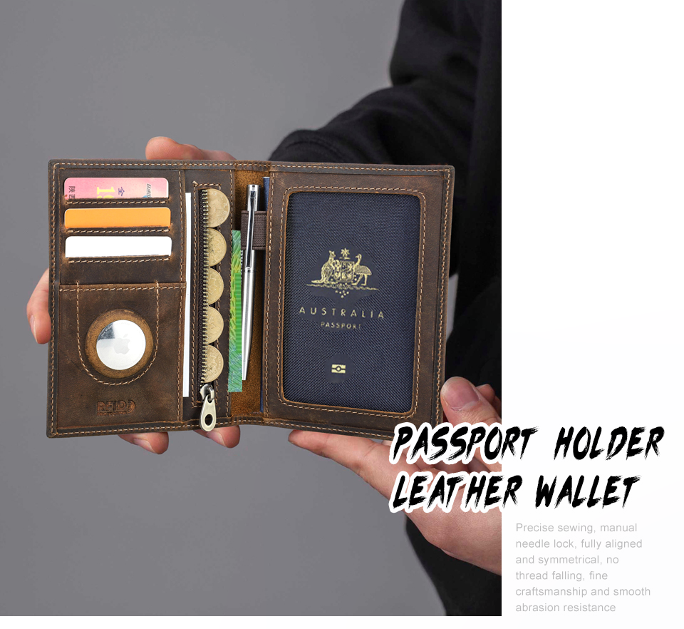 Genuine Leather AirTag Passport Wallet