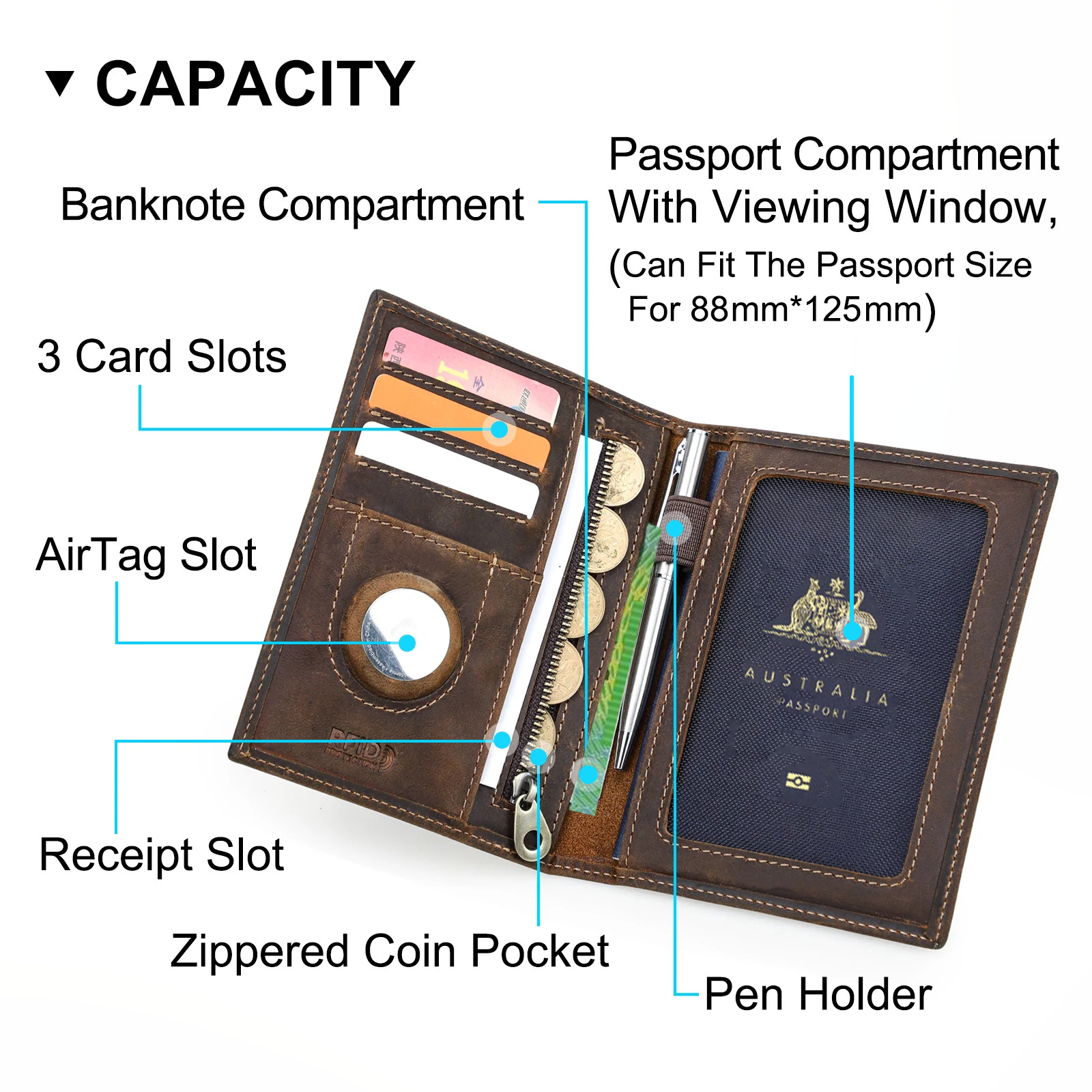 Genuine Leather AirTag Passport Wallet