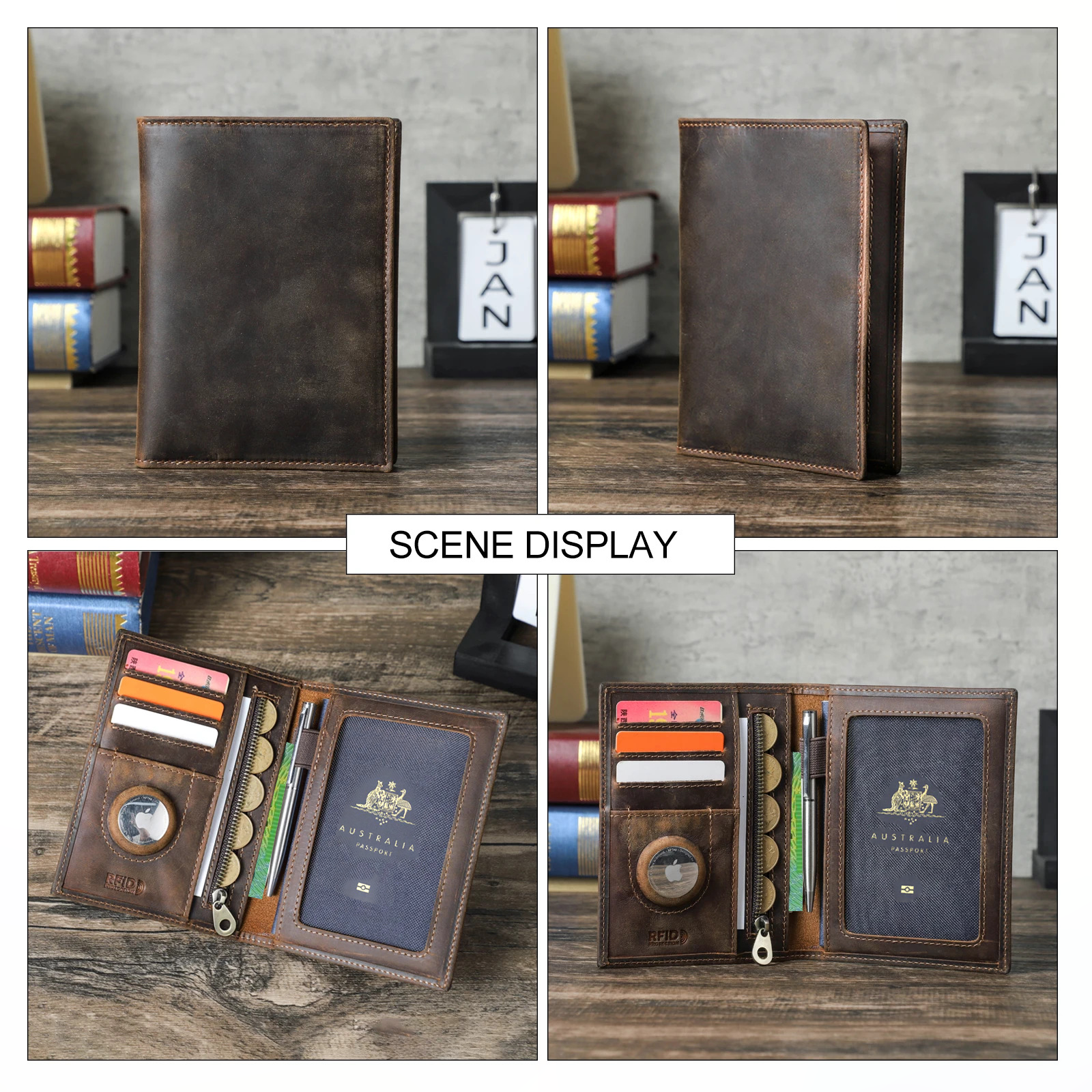 Genuine Leather AirTag Passport Wallet