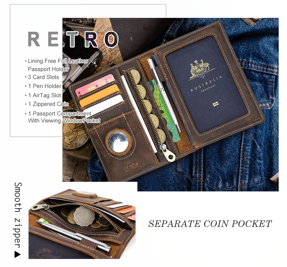 Genuine Leather AirTag Passport Wallet