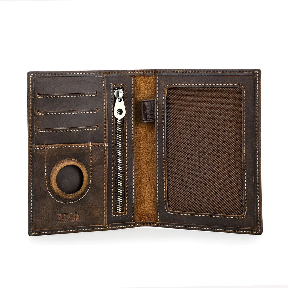 Genuine Cow Leather Passport Holder Travel Wallet with Airtag Case Anti-lost Pocket Pen Card Holder RFID Blocking Passport Cover Trax4u