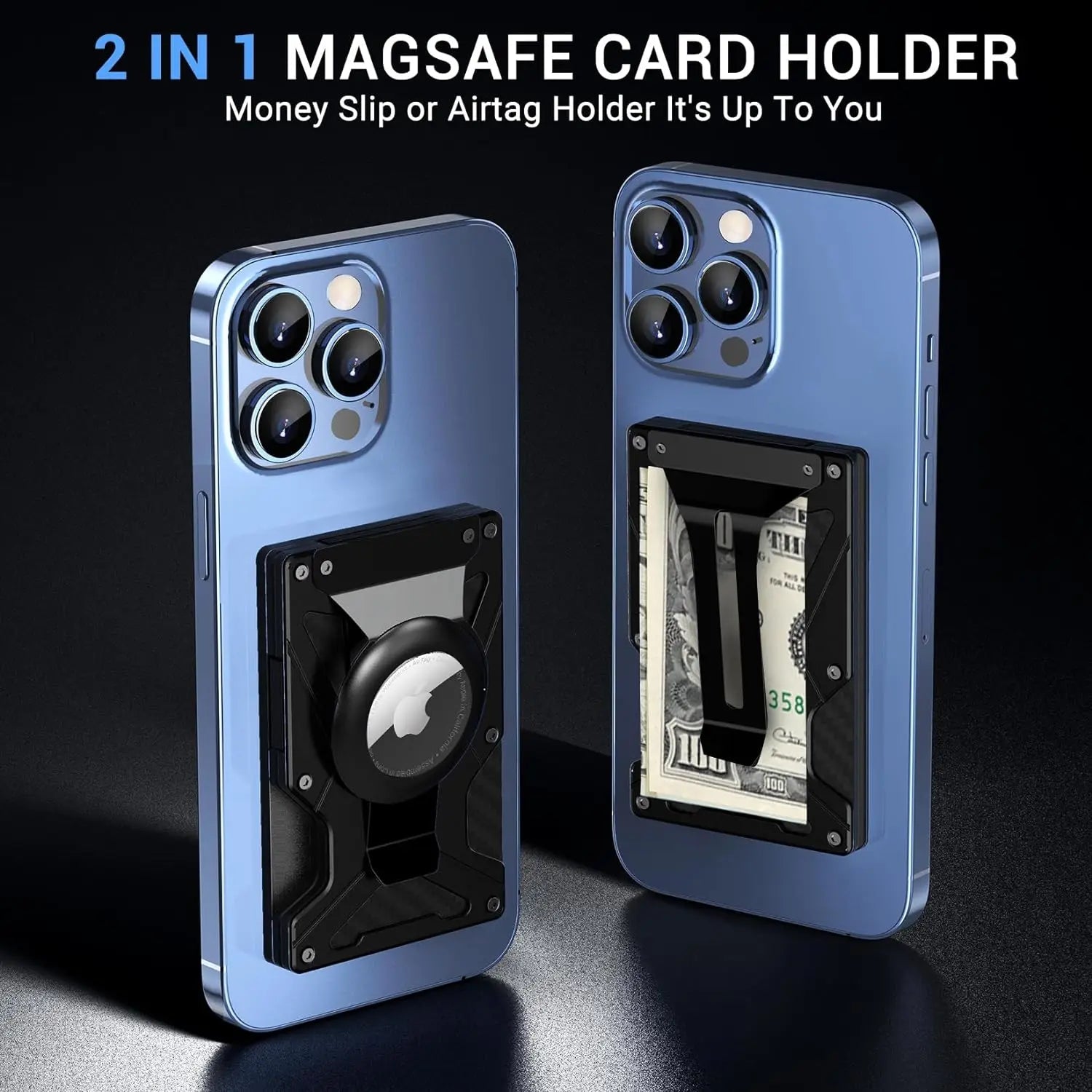 Mag Safe Wallet Money Clip, 2 in 1 Air Tag Holder and Money Clip, [With1 Magnetic Sheets], for Magnetic and Non-Magnetic Phones Trax4u