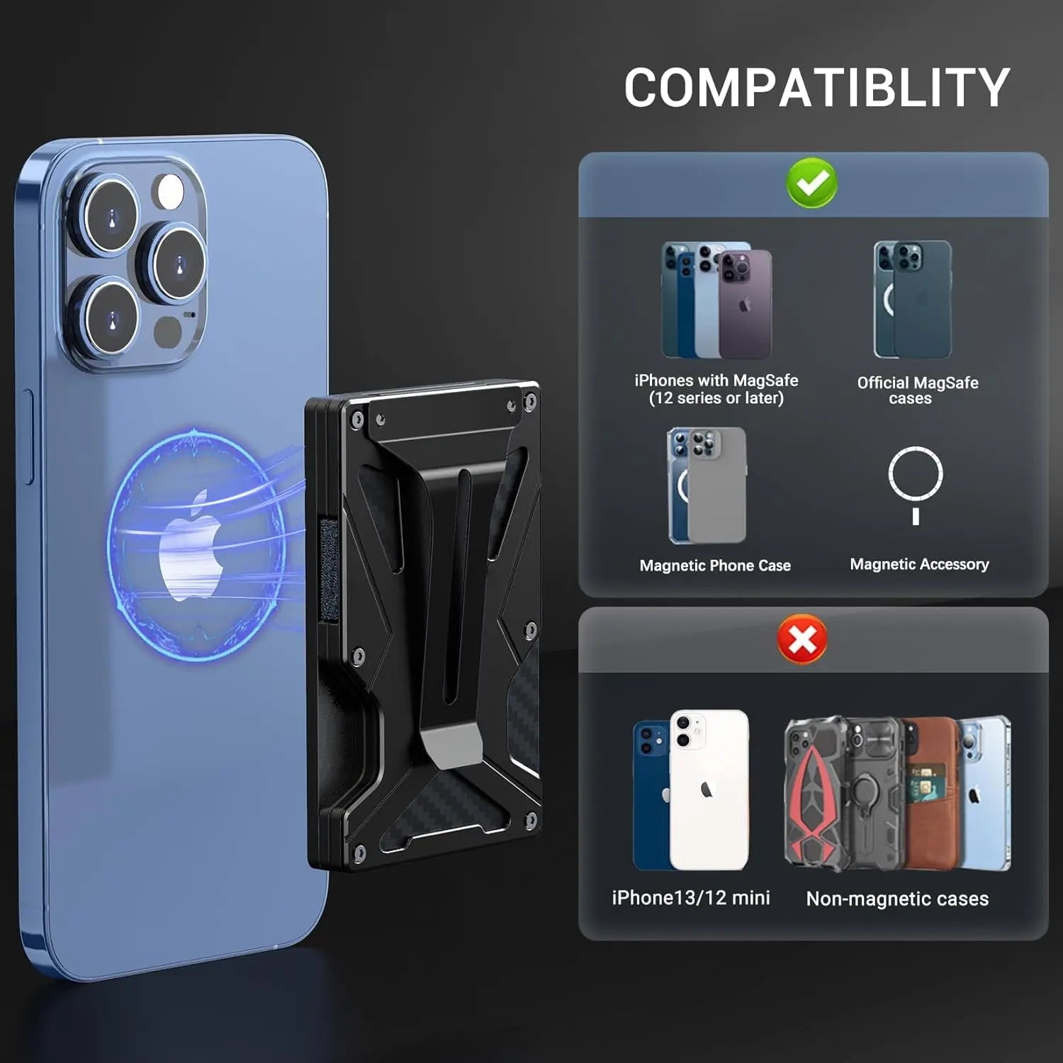 Mag Safe Wallet Money Clip, 2 in 1 Air Tag Holder and Money Clip, [With1 Magnetic Sheets], for Magnetic and Non-Magnetic Phones Trax4u