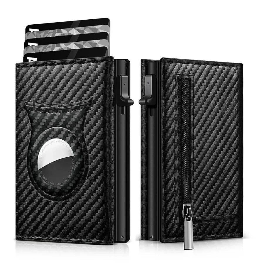 Men's Carbon Fiber Magnetic Card Clip Leather RFID Triple Fold Card with Zipper Wallet Pop Up Smart AirTag Wallet Trax4u
