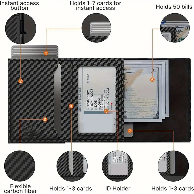 NEW-Men's Minimalist Smart Wallet For AIRTAG Slim,Carbon Fiber Card Holder Featuring 9-14 Card Capacity ID Window Cash Slot Trax4u