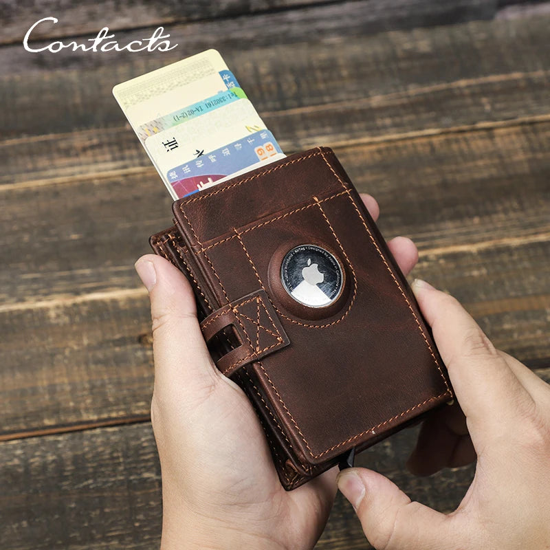 CONTACT'S Genuine Leather AirTag Wallets for Men RFID Aluminum Card Holder Metal Wallets Zip Coin Purse Money Clip Men's Wallets Trax4u