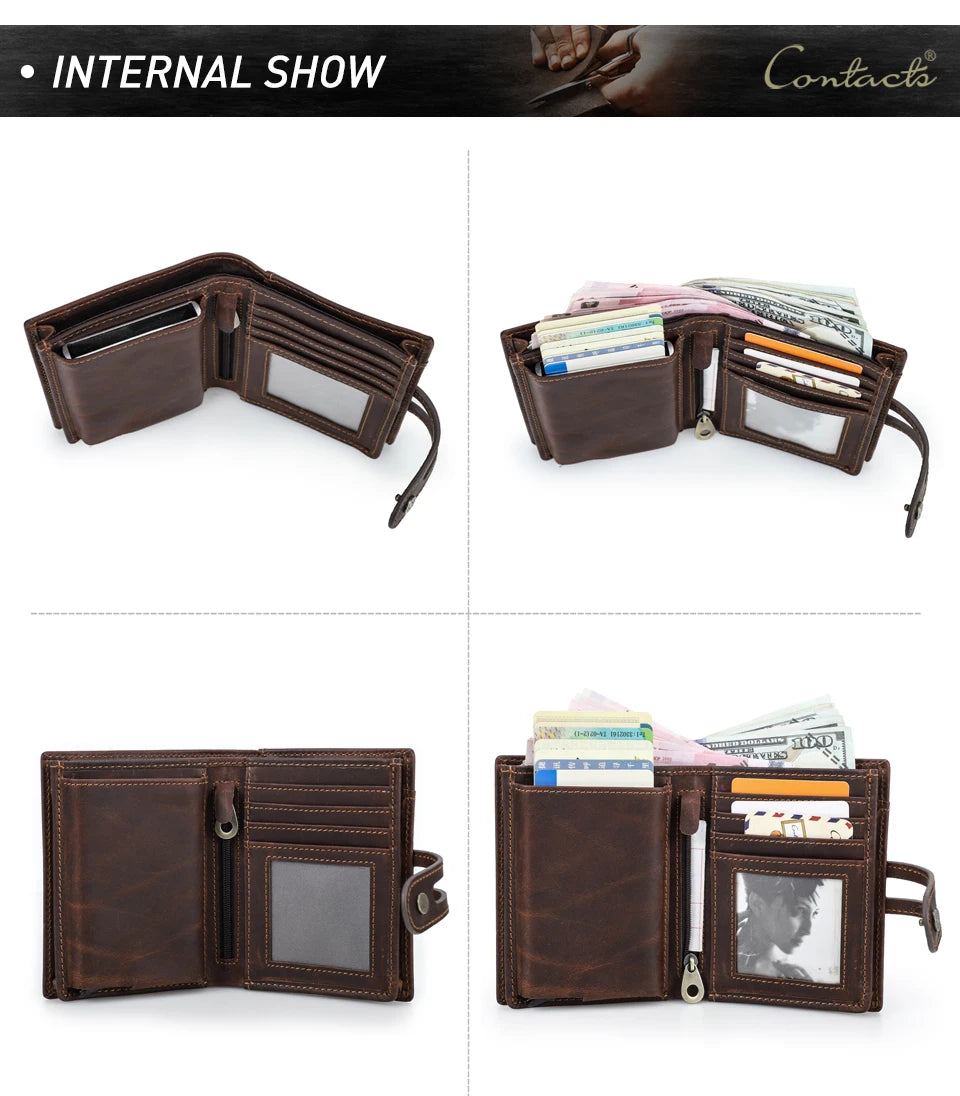 CONTACT'S Genuine Leather AirTag Wallets for Men RFID Aluminum Card Holder Metal Wallets Zip Coin Purse Money Clip Men's Wallets Trax4u