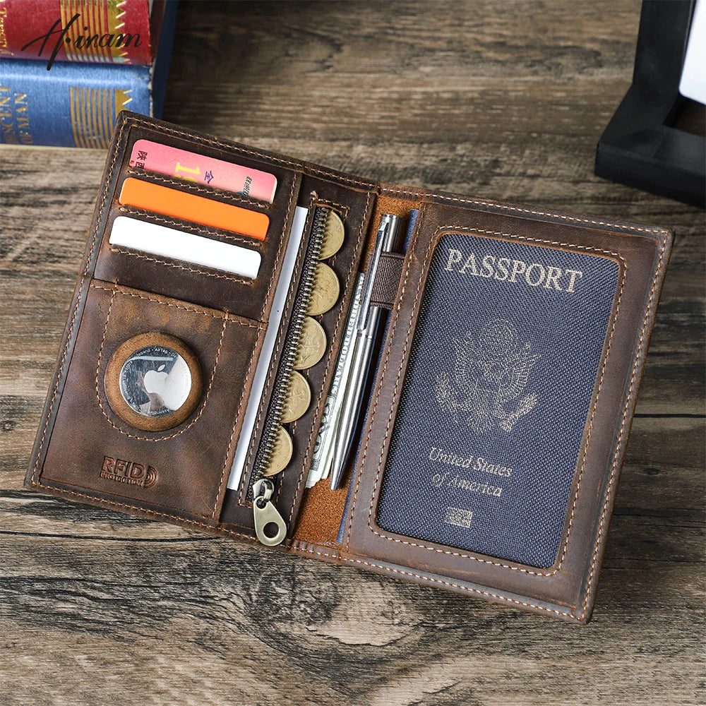 Genuine Cow Leather Passport Holder Travel Wallet with Airtag Case Anti-lost Pocket Pen Card Holder RFID Blocking Passport Cover Trax4u