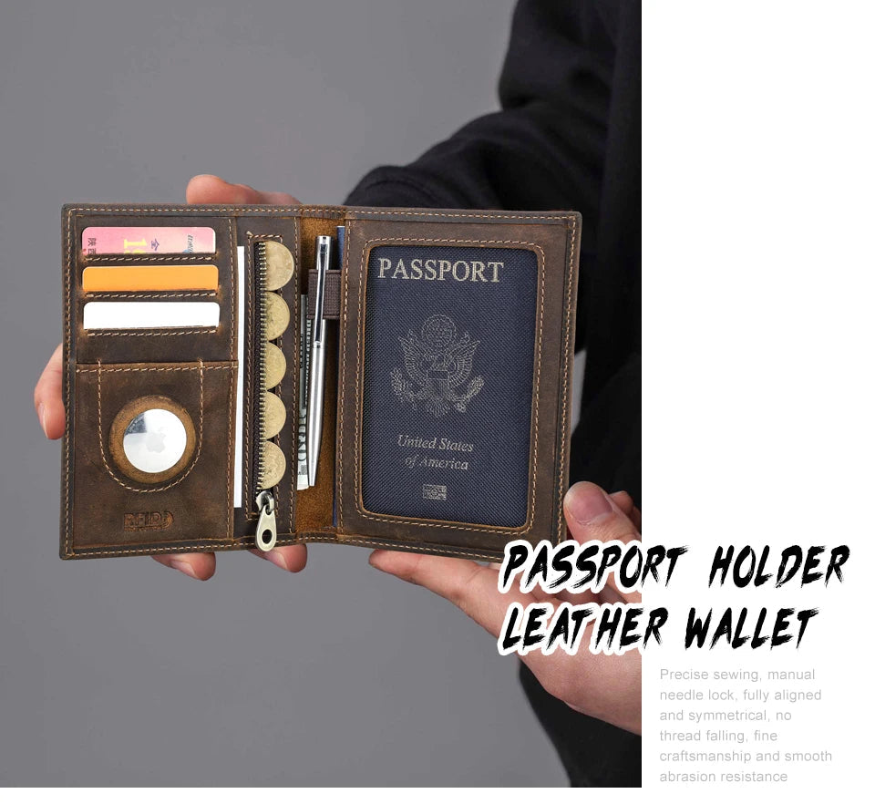 Genuine Cow Leather Passport Holder Travel Wallet with Airtag Case Anti-lost Pocket Pen Card Holder RFID Blocking Passport Cover Trax4u