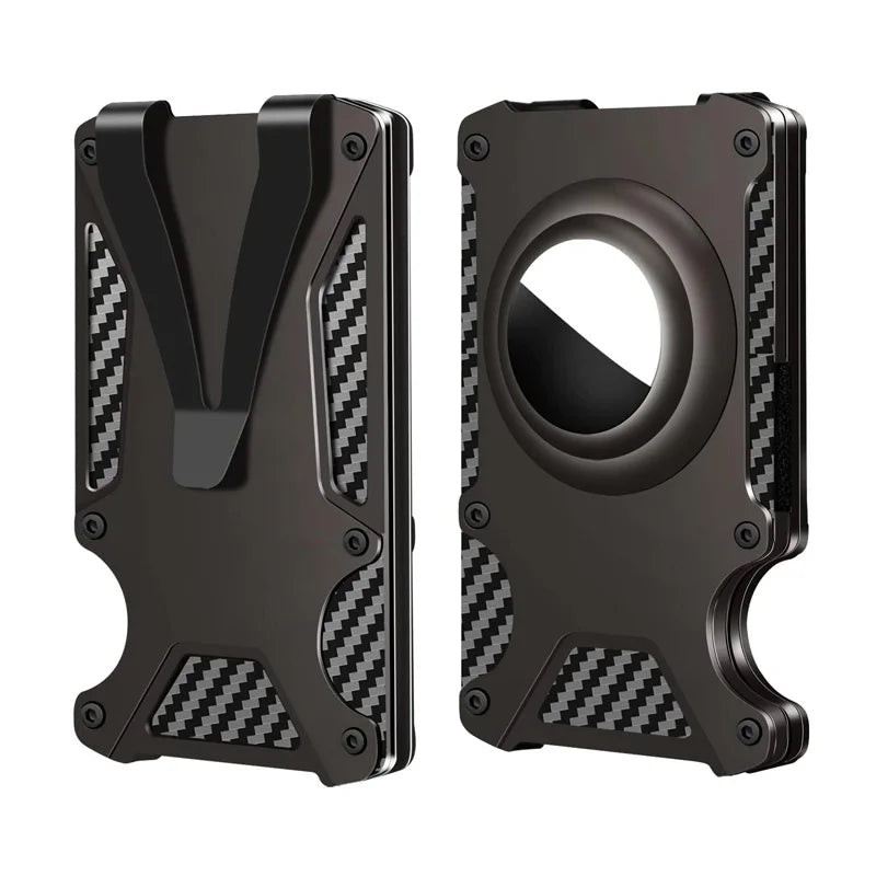 Men's wallet, metal wallet with Airtag bracket (no Airtag), transparent window ID badge clip, carbon fiber RFID shield, can hold Trax4u