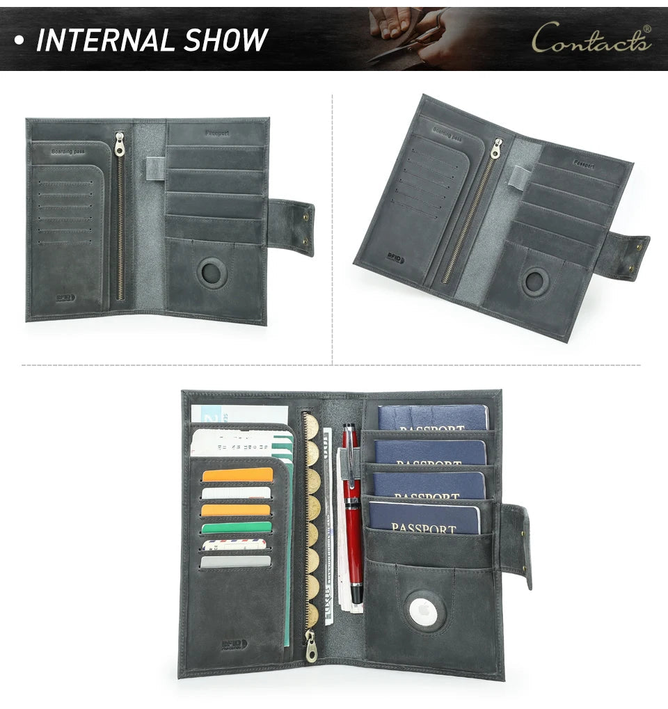 CONTACT'S Genuine Leather Family Passport Clutch Wallets RFID Card Holder AirTag Slot Passport Cover Families Travel Bag Handbag Trax4u