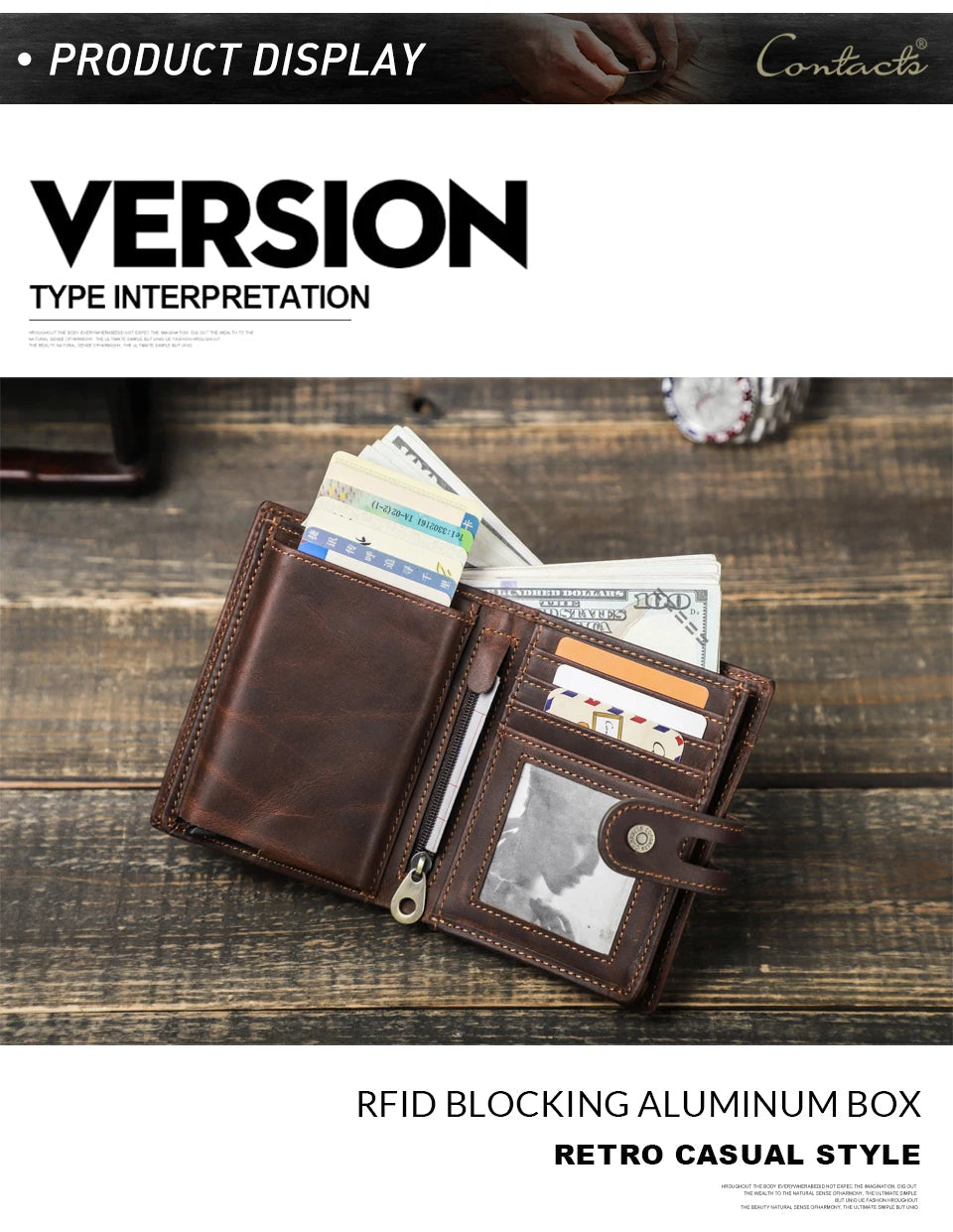 CONTACT'S Genuine Leather AirTag Wallets for Men RFID Aluminum Card Holder Metal Wallets Zip Coin Purse Money Clip Men's Wallets Trax4u