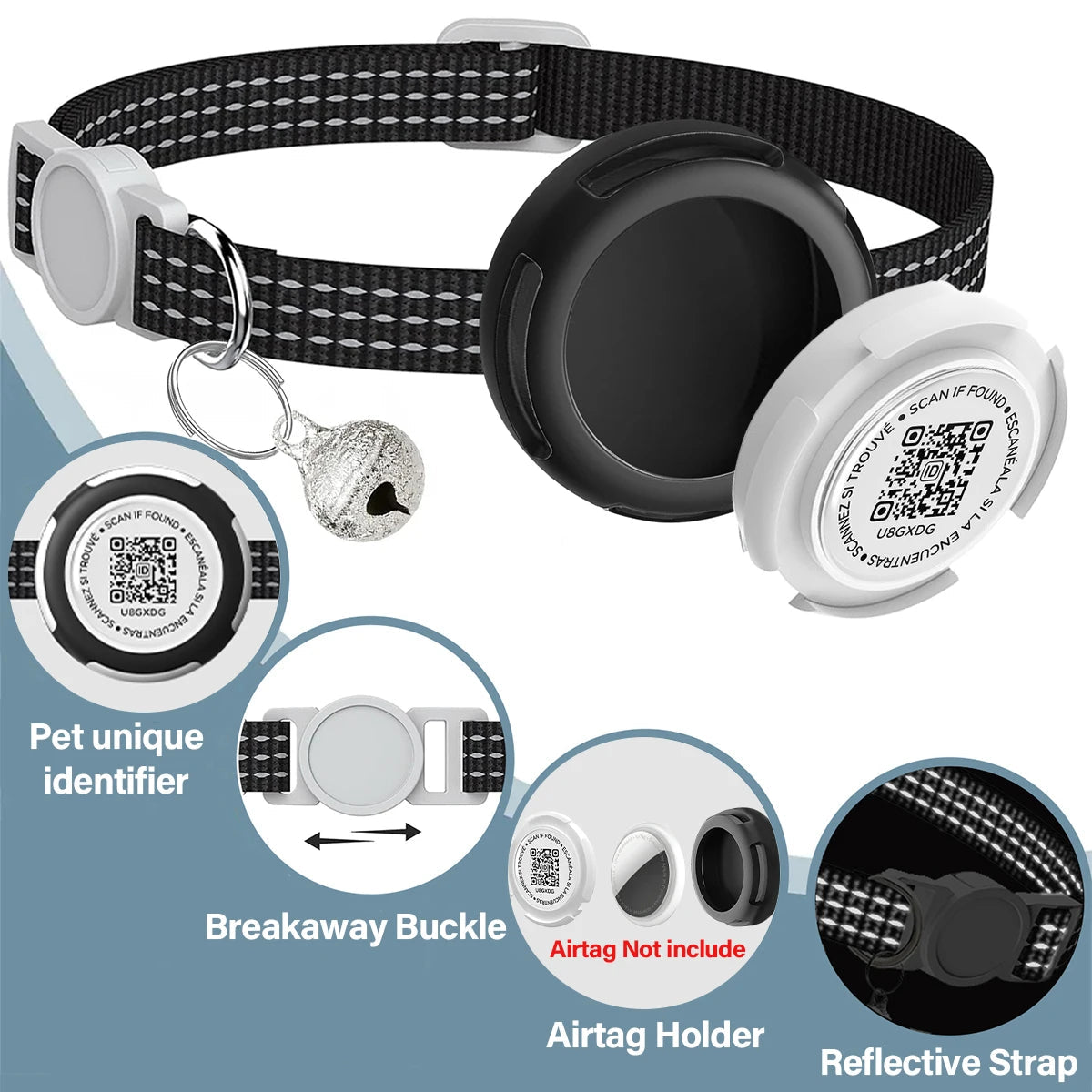 Air Tag Pet Collar with Airtag Holder（No Airtag）& Pet Name QR Code Dual Protection Reflective Cat Collar for Kitten Puppy Trax4u