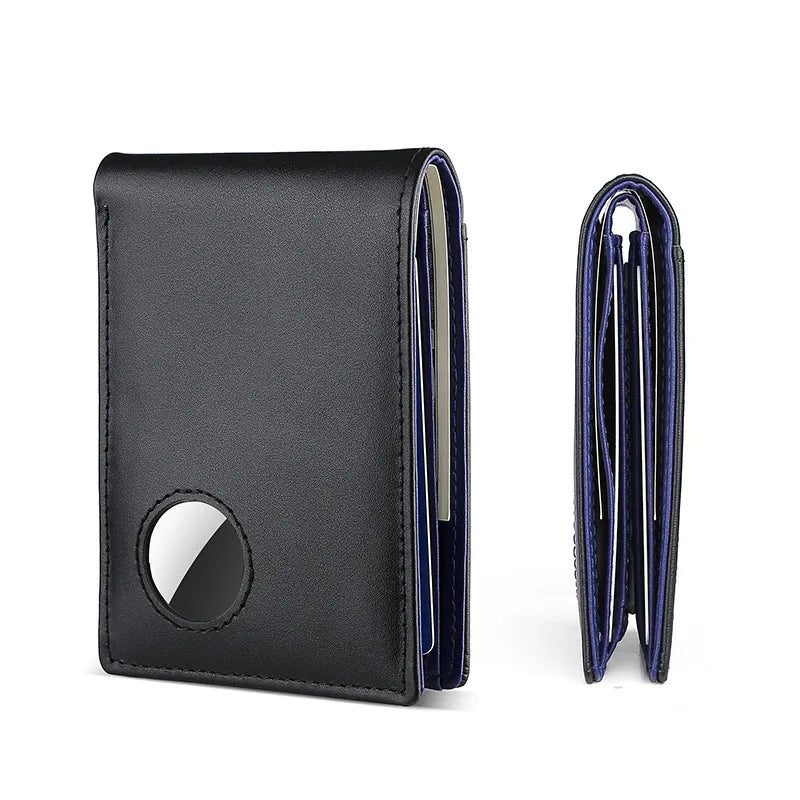 Airtag Business Genuine Cow Leather Men Bifold Thin Wallet RFID Blocking Credit Bank Card Holder with ID Window Male Purse Black Trax4u