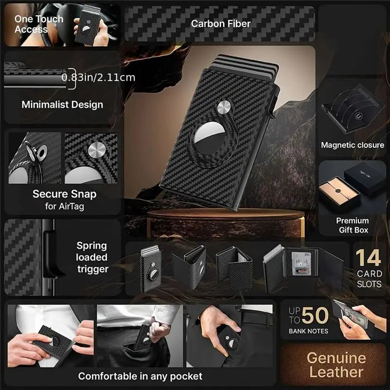 NEW-Men's Minimalist Smart Wallet For AIRTAG Slim,Carbon Fiber Card Holder Featuring 9-14 Card Capacity ID Window Cash Slot Trax4u