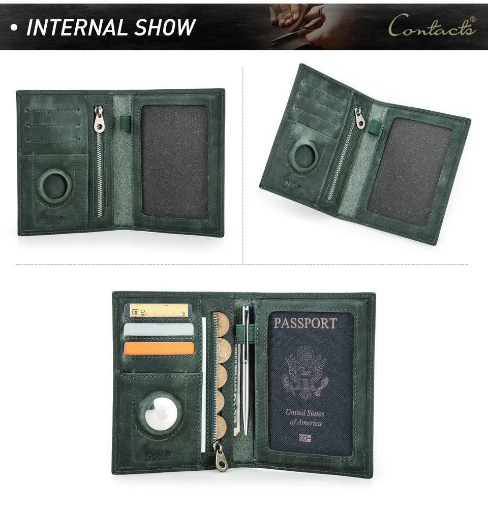 Genuine Cow Leather Passport Holder Travel Wallet with Airtag Case Anti-lost Pocket Pen Card Holder RFID Blocking Passport Cover Trax4u