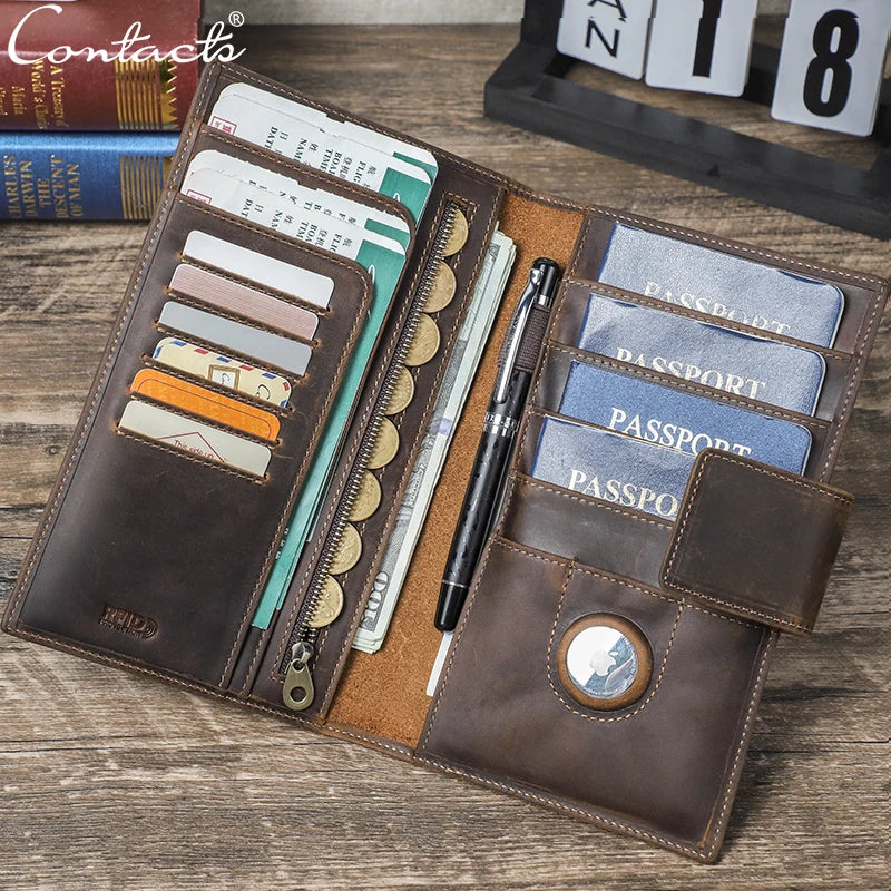 CONTACT'S Genuine Leather Family Passport Clutch Wallets RFID Card Holder AirTag Slot Passport Cover Families Travel Bag Handbag Trax4u