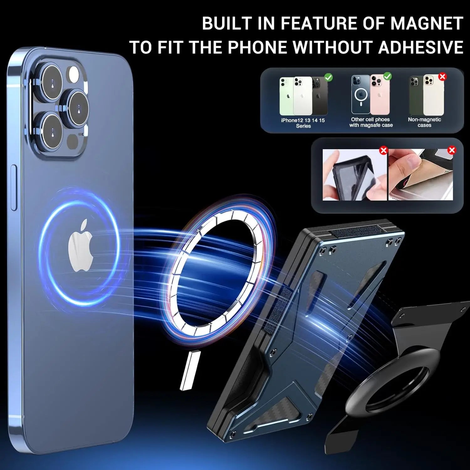 Mag Safe Wallet Money Clip, 2 in 1 Air Tag Holder and Money Clip, [With1 Magnetic Sheets], for Magnetic and Non-Magnetic Phones Trax4u
