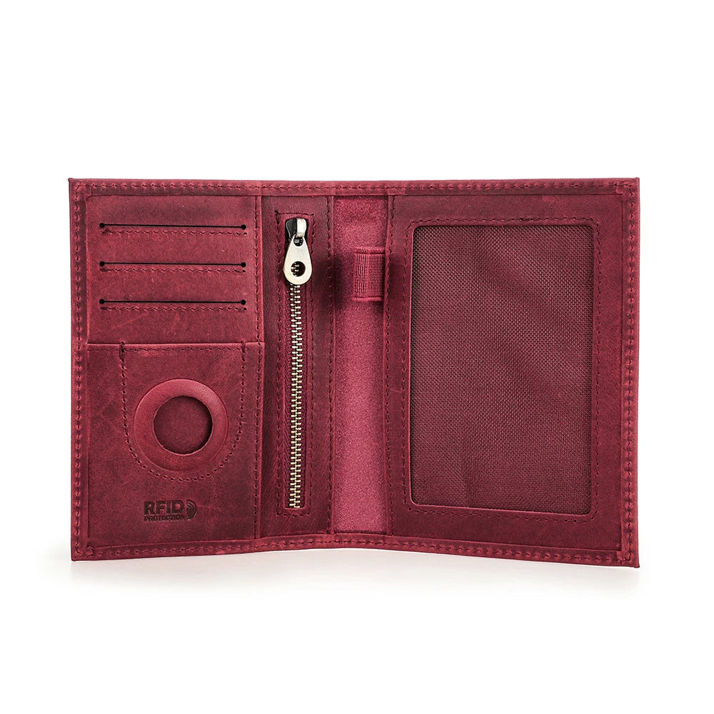 Genuine Cow Leather Passport Holder Travel Wallet with Airtag Case Anti-lost Pocket Pen Card Holder RFID Blocking Passport Cover Trax4u