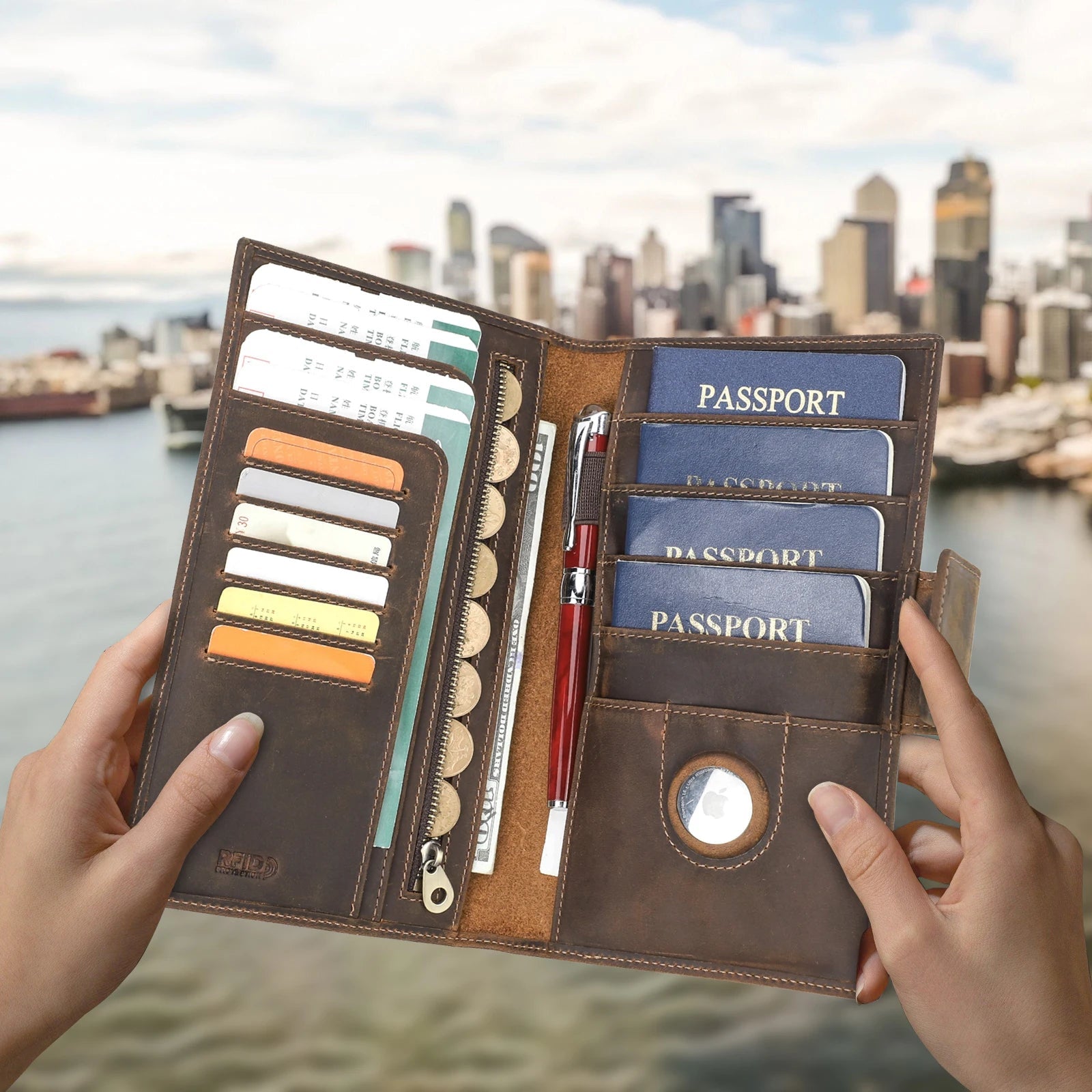 CONTACT'S Genuine Leather Family Passport Clutch Wallets RFID Card Holder AirTag Slot Passport Cover Families Travel Bag Handbag Trax4u