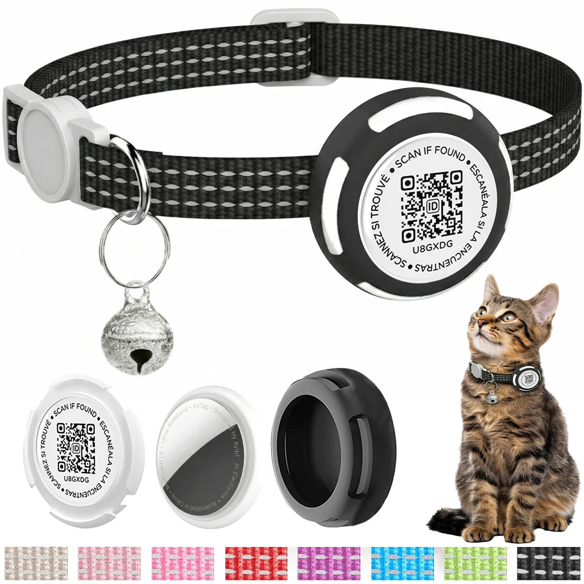 Air Tag Pet Collar with Airtag Holder（No Airtag）& Pet Name QR Code Dual Protection Reflective Cat Collar for Kitten Puppy Trax4u