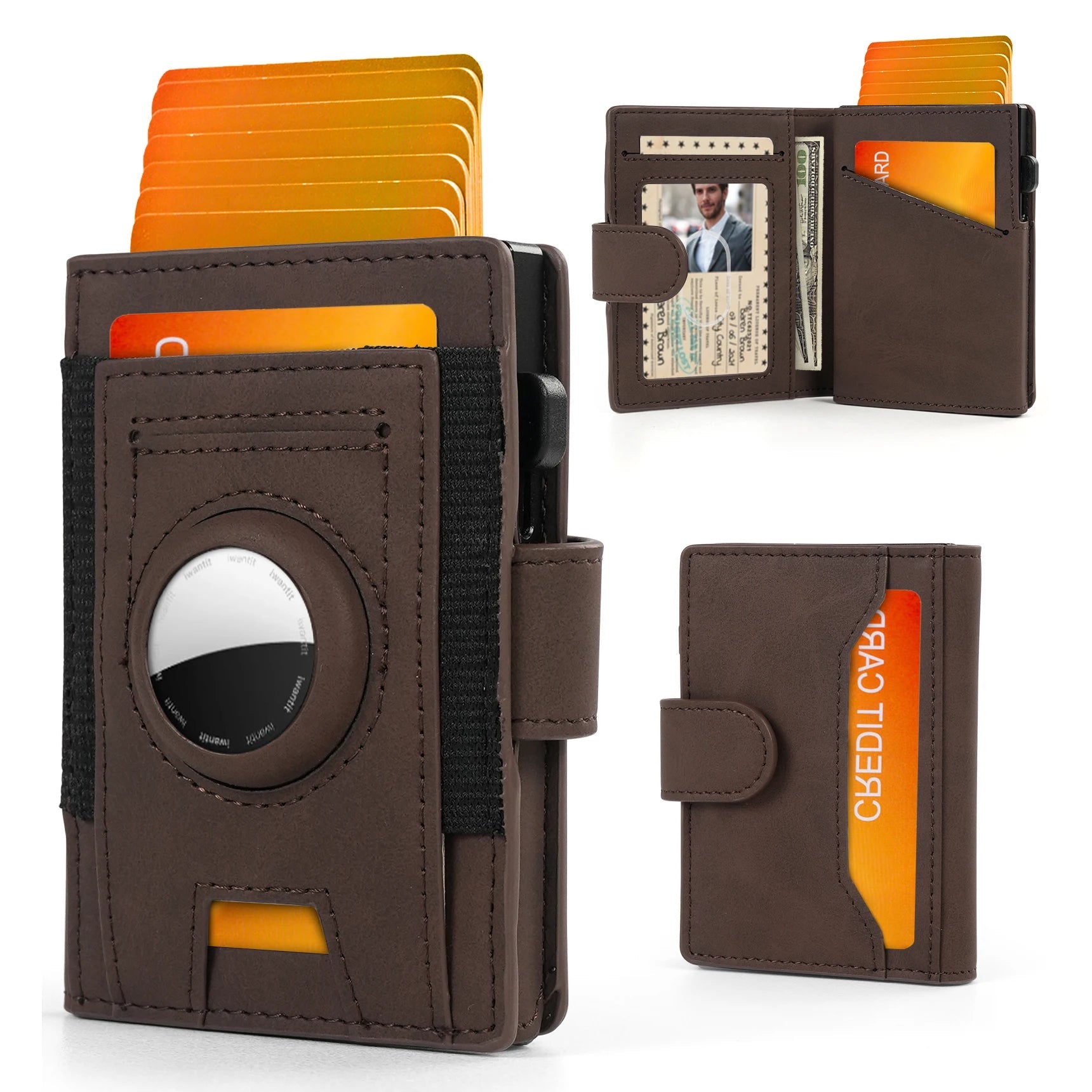Rfid Blocking Wallet For Men Fashion Short Bifold Slim Pop Up Aluminum Credit Card Case Box With AirTag Holder ID Case Gift Box Trax4u