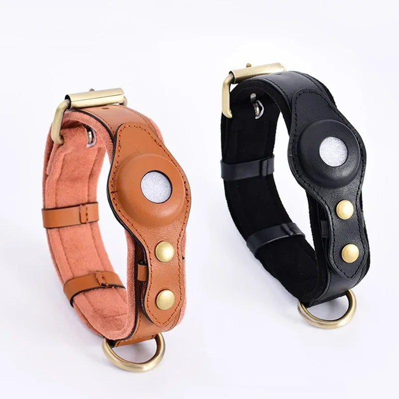 Airtag Holder Case Pet Dog Collar Leather Solid and Anti Loss Genuine Leather Airtag Heavy Duty Dog Collar Trax4u