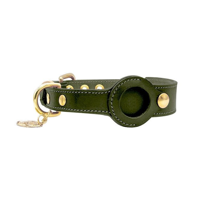 Green premium leather AirTag dog collar for pet tracking and daily walks