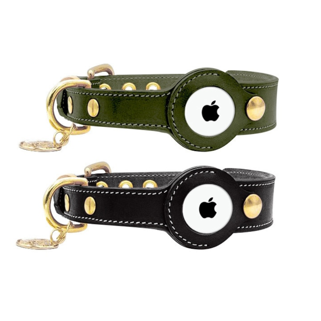 Premium leather AirTag dog collar with built-in Apple AirTag holder for secure pet tracking