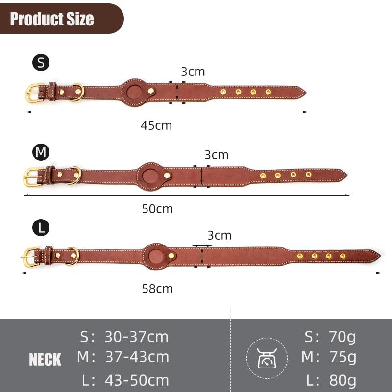 Leather AirTag dog collar size chart for small medium and large dogs