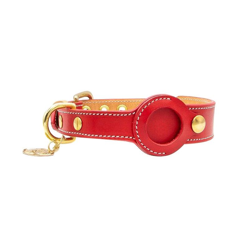 Red leather AirTag dog collar with built-in Apple AirTag compartment