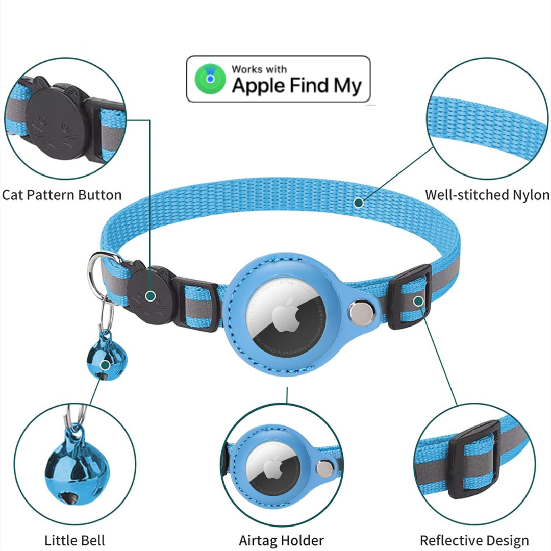 Reflective AirTag cat collar showing safety and tracking features