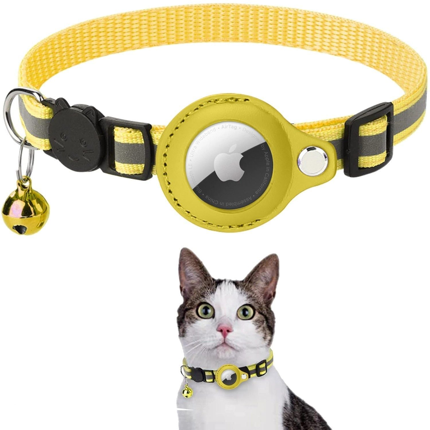 Yellow reflective AirTag cat collar with breakaway buckle